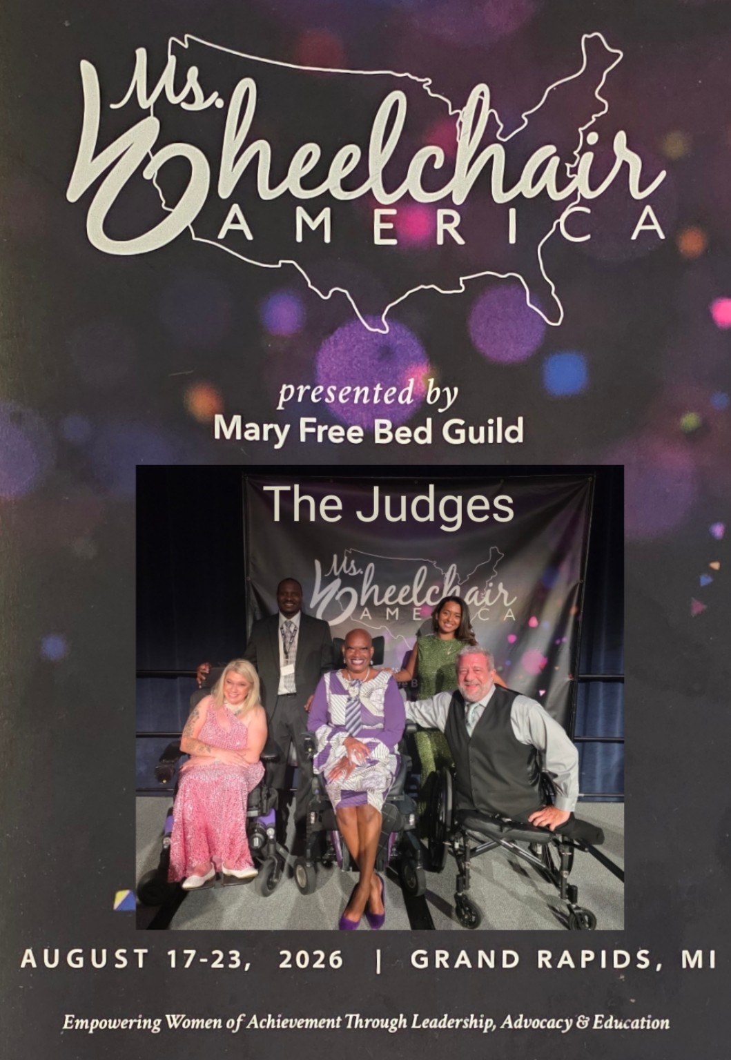 Ms. Wheelchair America event graphic presented by Mary Free Bed Guild, featuring Dr. Kimberly with her fellow judges and the dates August 17–23, 2026 in Grand Rapids, Michigan.